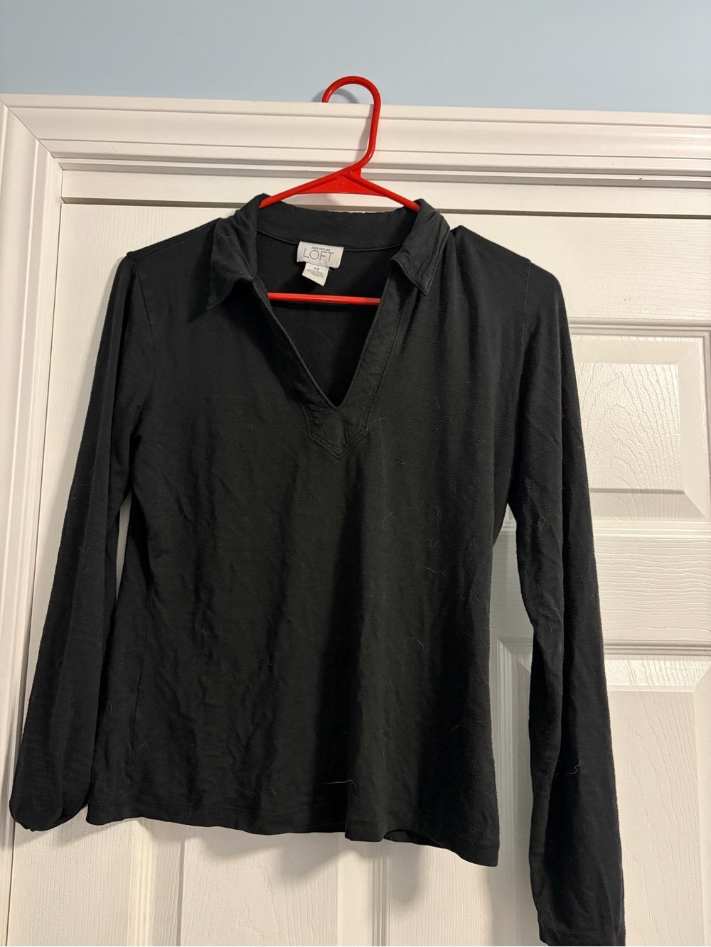 LOFT Black Long-Sleeve V-Neck Polo Shirt